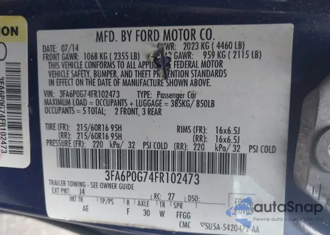 2015 Ford Fusion S from USA, damaged, VIN 3FA6P0G74FR102473